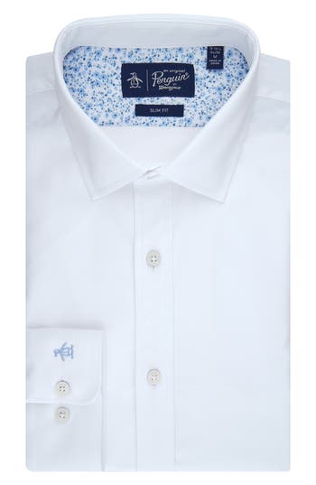 Original Penguin Melange Floral Trim Slim Fit Dress Shirt In White