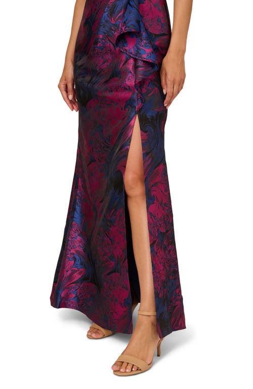 Adrianna Papell One-shoulder Jacquard Mermaid Gown In Navy/orchid
