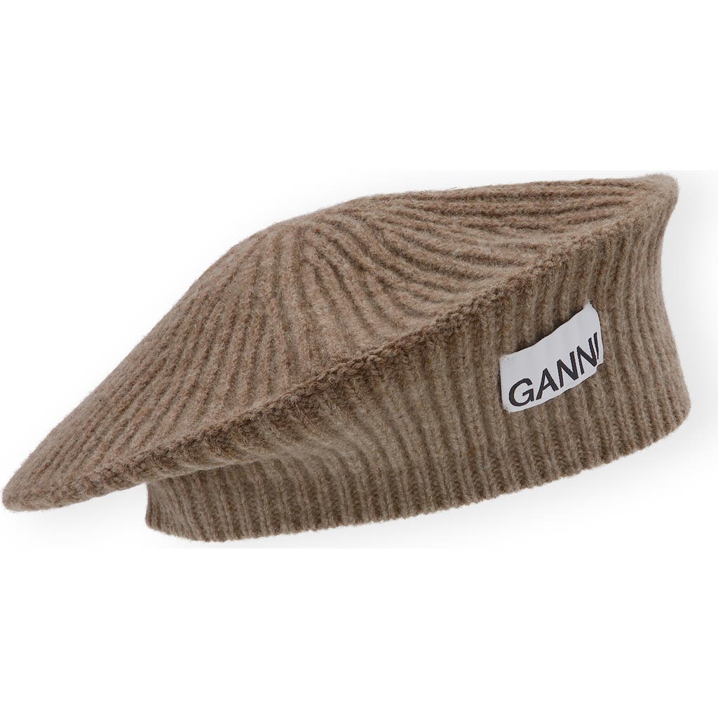 Ganni Structured Rib Wool Blend Beret In Tigers Eye