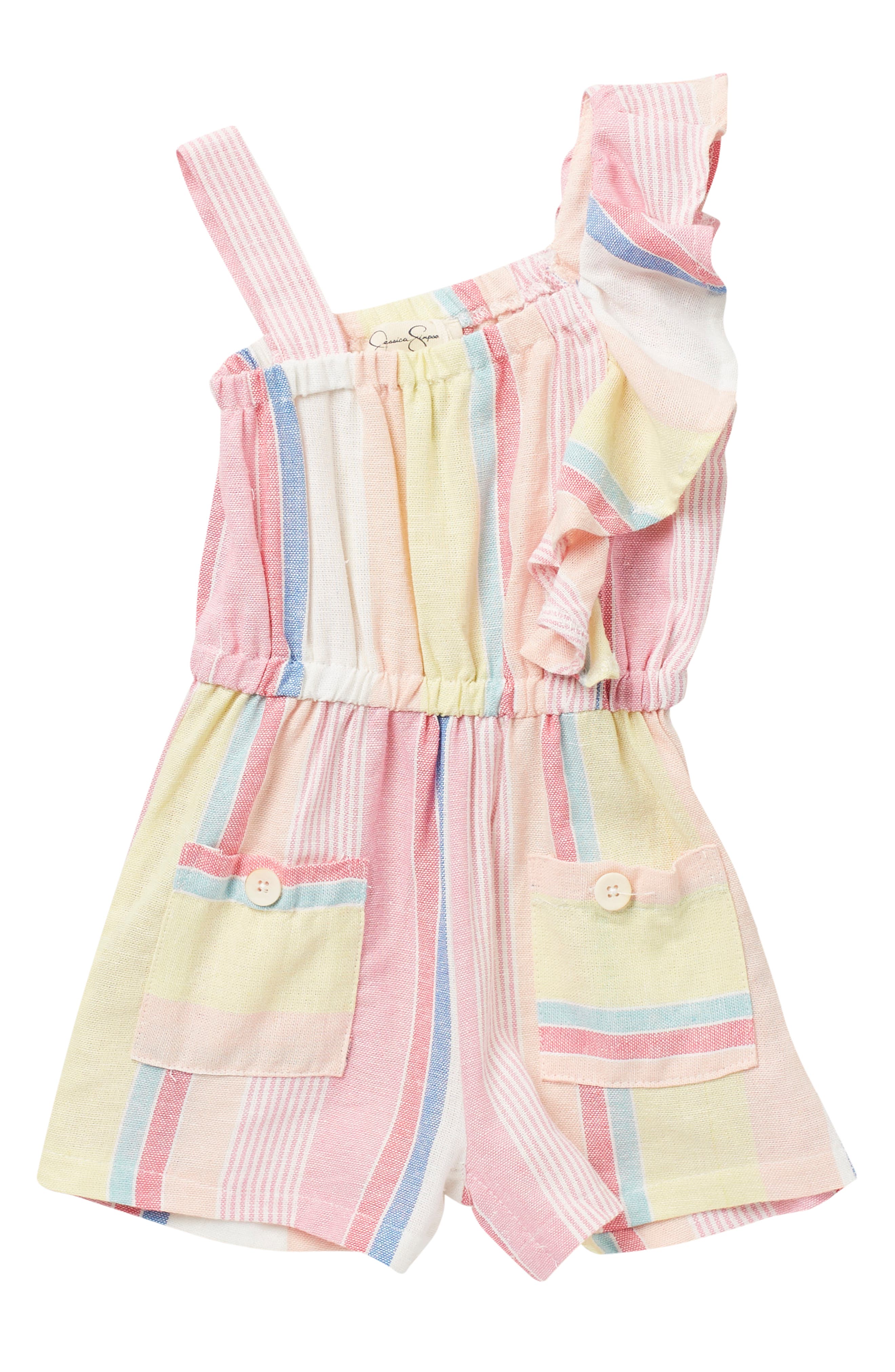 JESSICA SIMPSON STRIPED RUFFLED LINEN BLEND ROMPER