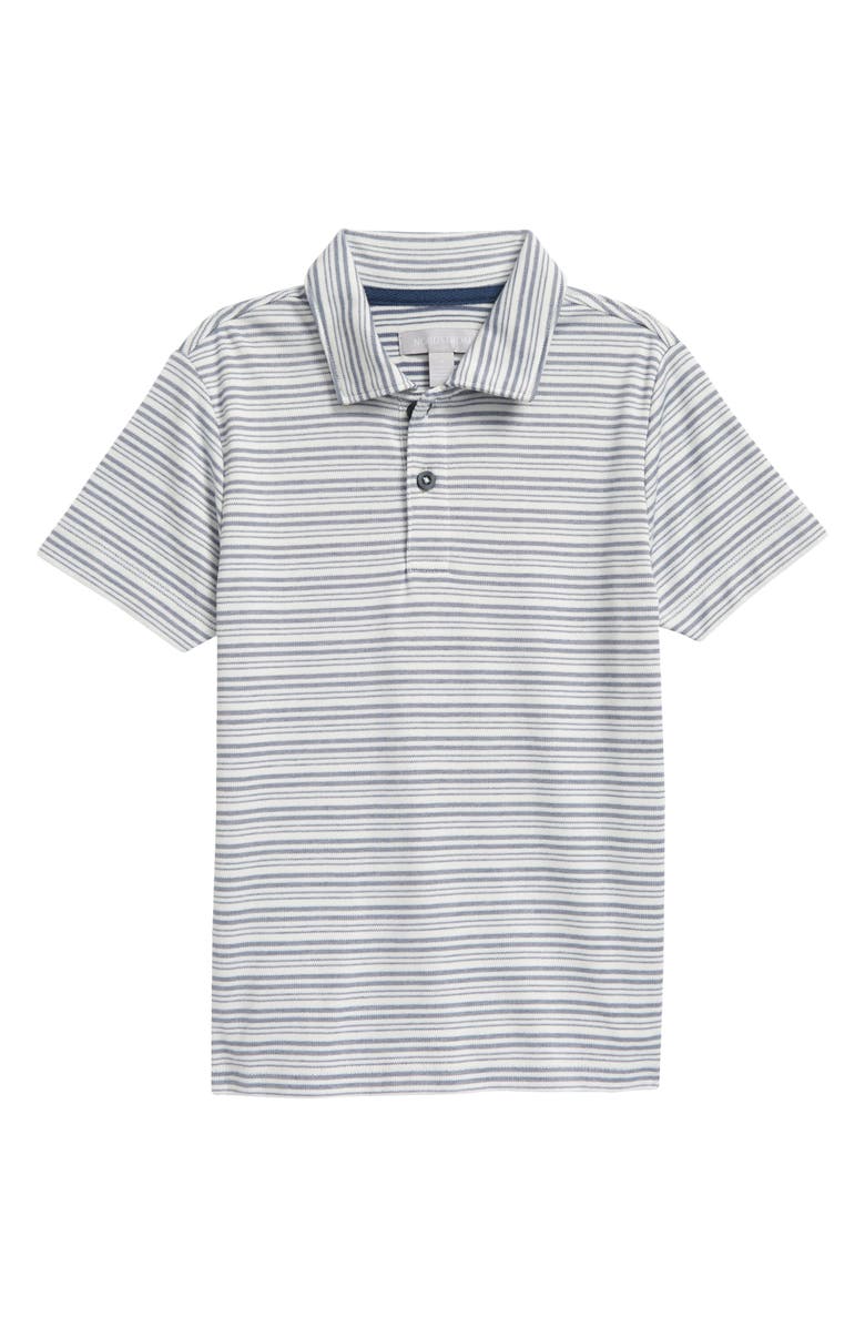 NORDSTROM Kids' Performance Stripe Piqué Polo, Main, color, NAVY DENIM- GREEN STRIPE