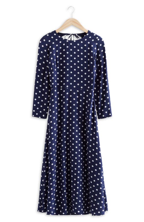 & Other Stories Print Open Back Long Sleeve A-Line Dress in Navy Dot Aop