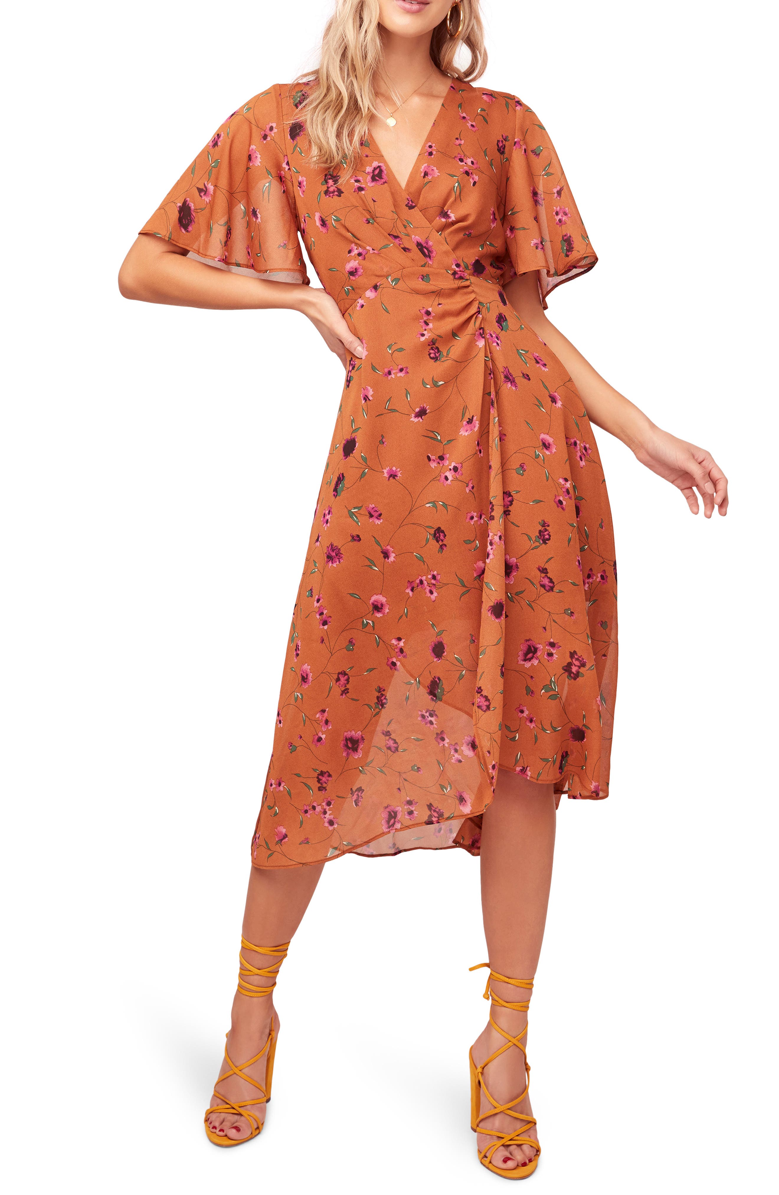 Astr The Label Delaney Faux Wrap Flutter Sleeve Dress, Brown
