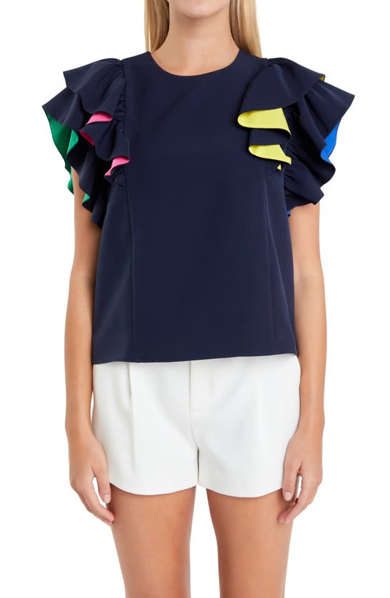 Shop English Factory Multicolor Lined Ruffle Sleeve Top In Navy Multi