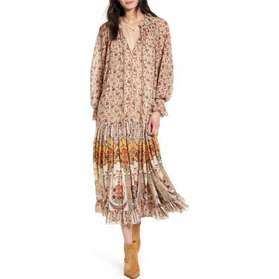 Free People Feeling Groovy Border Print Long Sleeve Dress, Beige