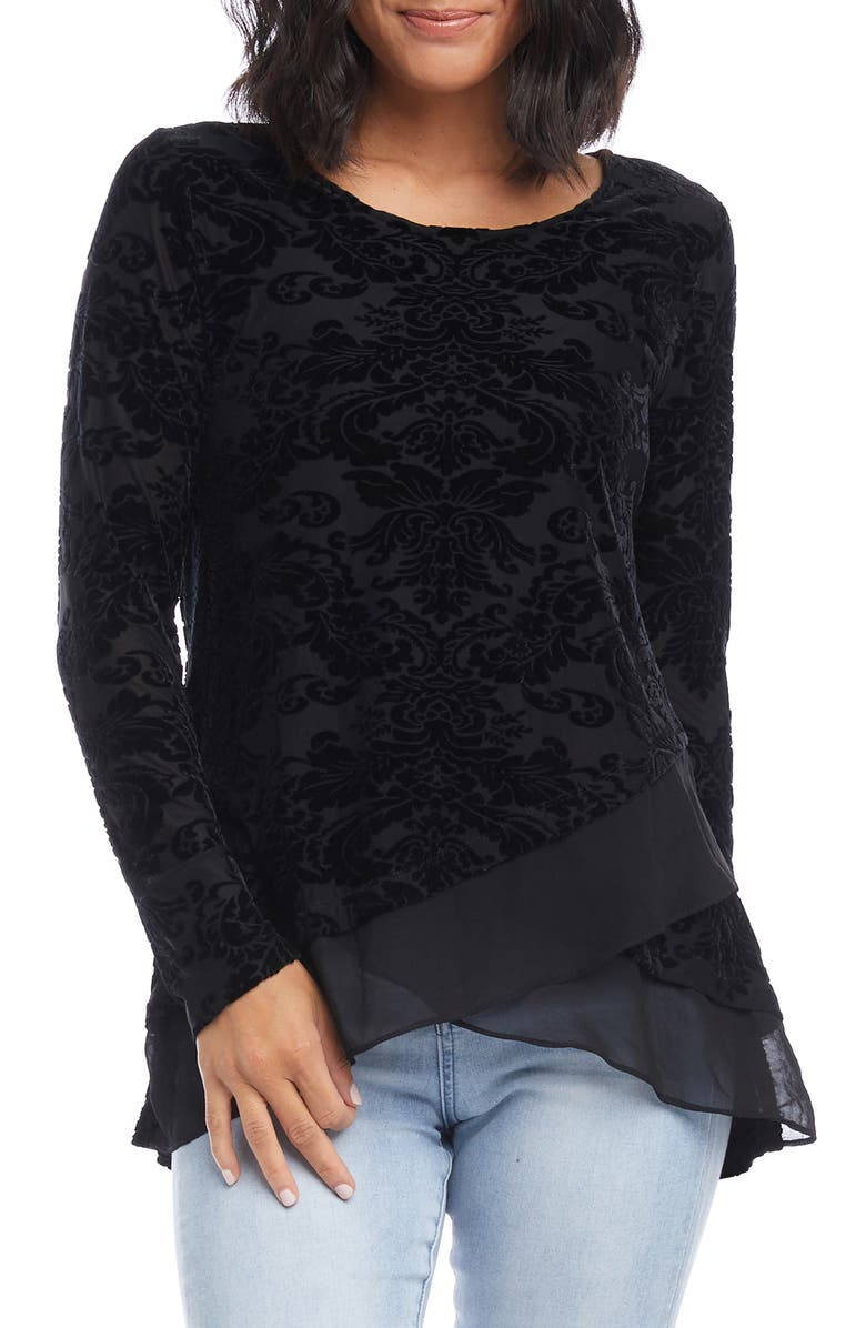 KAREN KANE Chiffon Trim Burnout Velvet Top, Main, color, BLACK