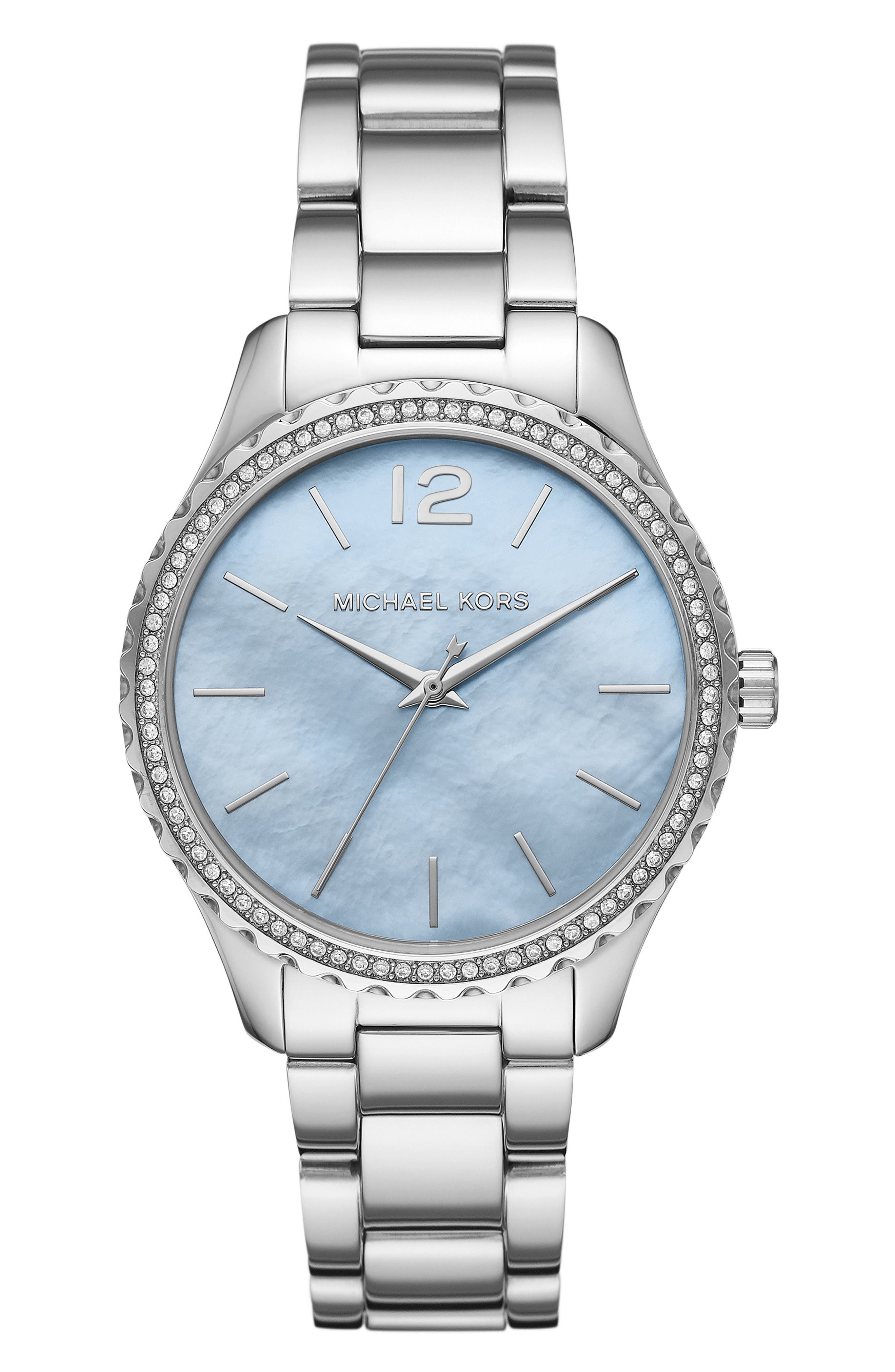 silver and blue michael kors watch