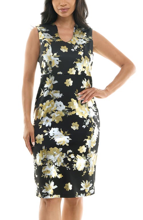 Nina Leonard Floral Foil Midi Dress In Black/gold/silver