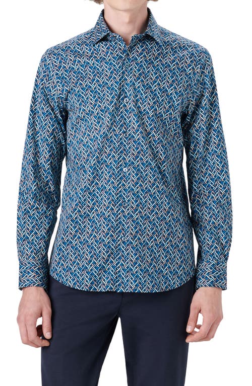 Bugatchi Shaped Fit Geo Print Stretch Button-Up Shirt Navy at Nordstrom,