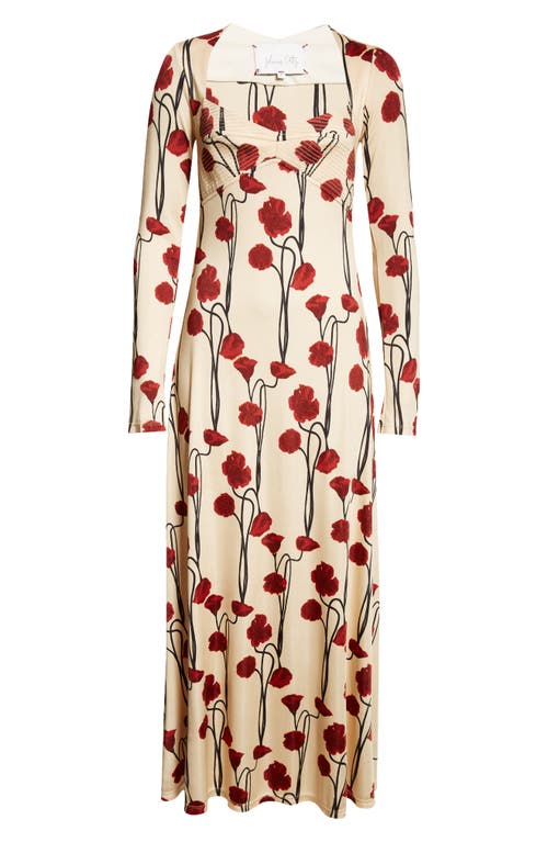 Johanna Ortiz Scarlet Letter Long Sleeve Midi Dress In Papaver Somniferum/ecru