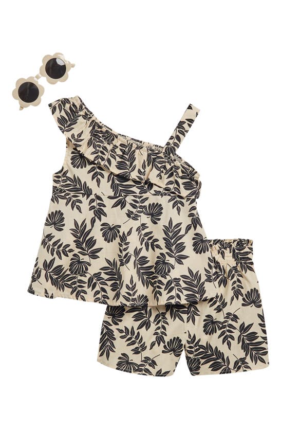 Shop Rachel Zoe Kids' Asymmetrical Top, Shorts & Sunglasses Set In Black/ Tan
