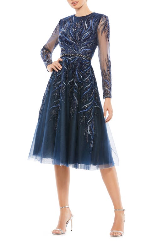 Mac Duggal Crystal Embroidery Long Sleeve Fit & Flare Cocktail Dress Twilight at Nordstrom,