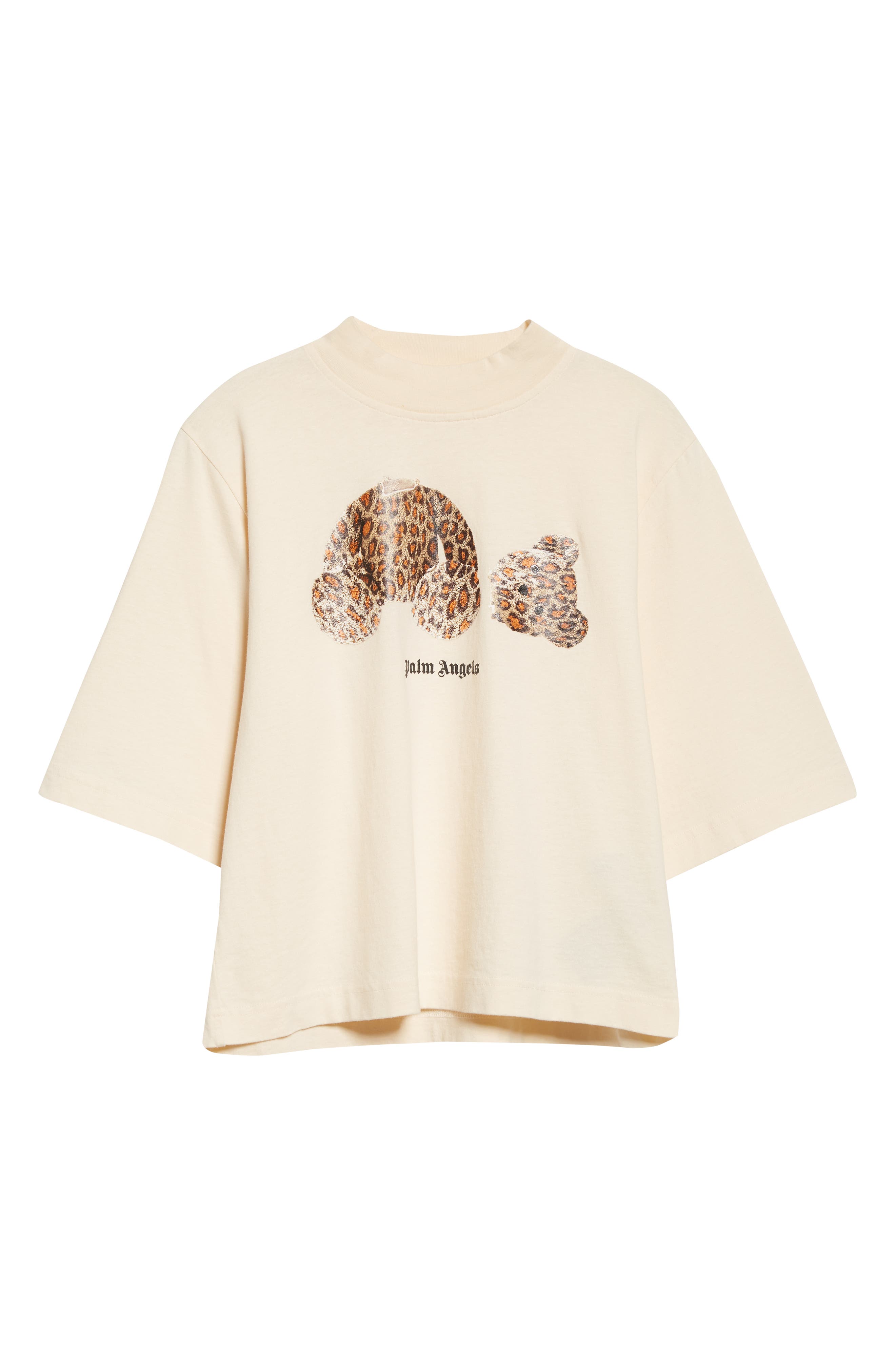 Palm Angels Women's Leopard Bear Crop Cotton Logo Graphic Tee in Off White Brown