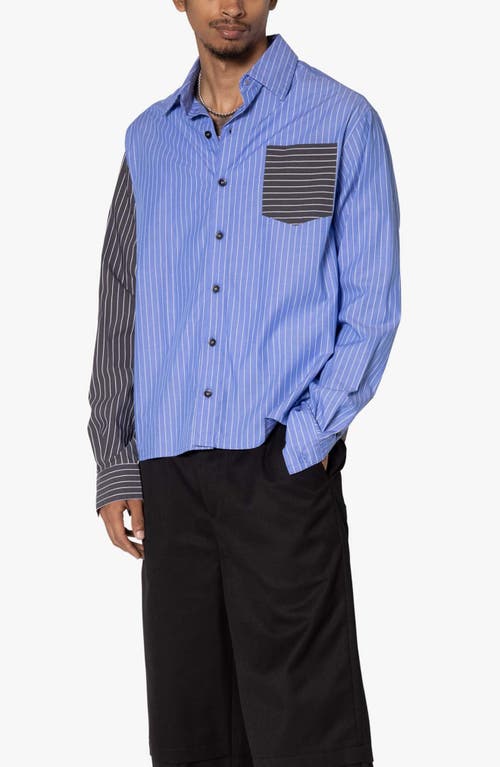 Shop Mnml Oversize Mismatched Pinstripe Button-up Shirt Jacket In Blue