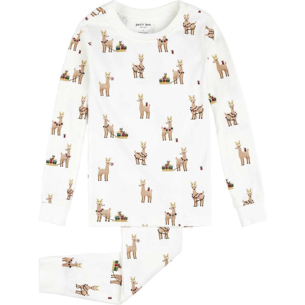 Petit Lem Kids' Reindeer Holiday Print Fitted Organic Cotton Two-Piece Pajamas in Off White