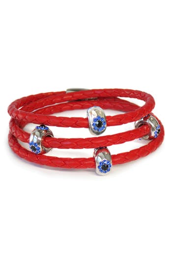 Shop Liza Schwartz Cz Evil Eye Braided Leather Wrap Bracelet In Silver/red