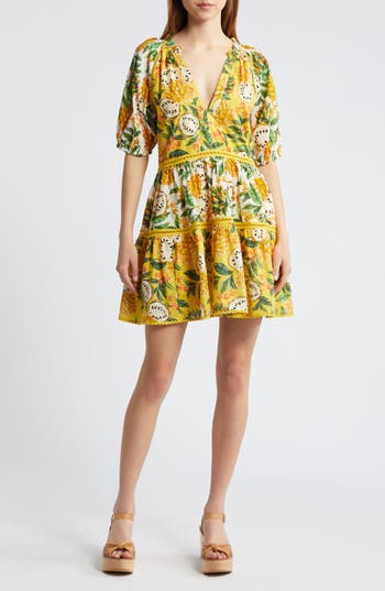Shop Farm Rio Biriba Print Cotton Minidress In Biriba Yellow Biriba Off White