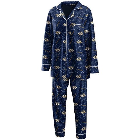 Women's WEAR by Erin Andrews Navy Nashville Predators Long Sleeve Button-Up Shirt & Pants Sleep Set