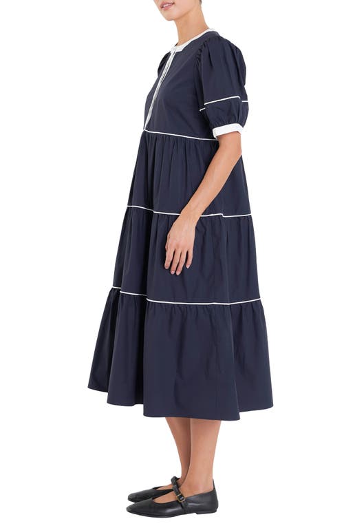 Shop English Factory Contrast Trim Midi Dress In Navy