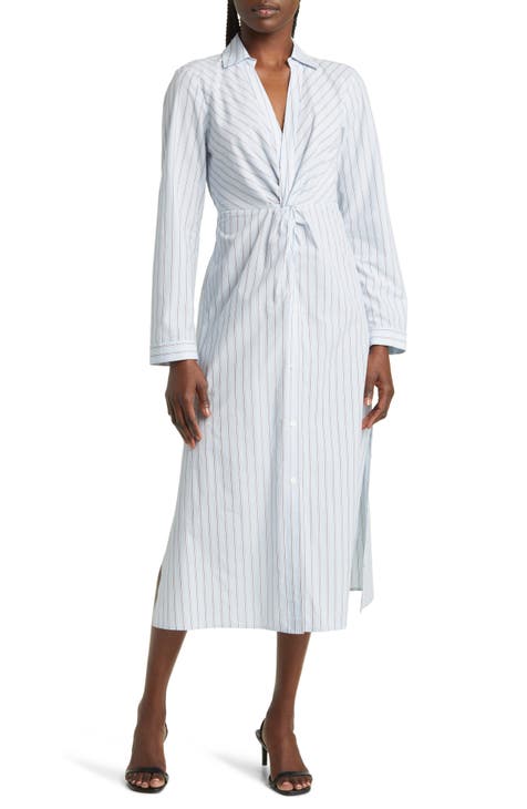 Irie Stripe Long Sleeve Cotton Blend Midi Shirtdress