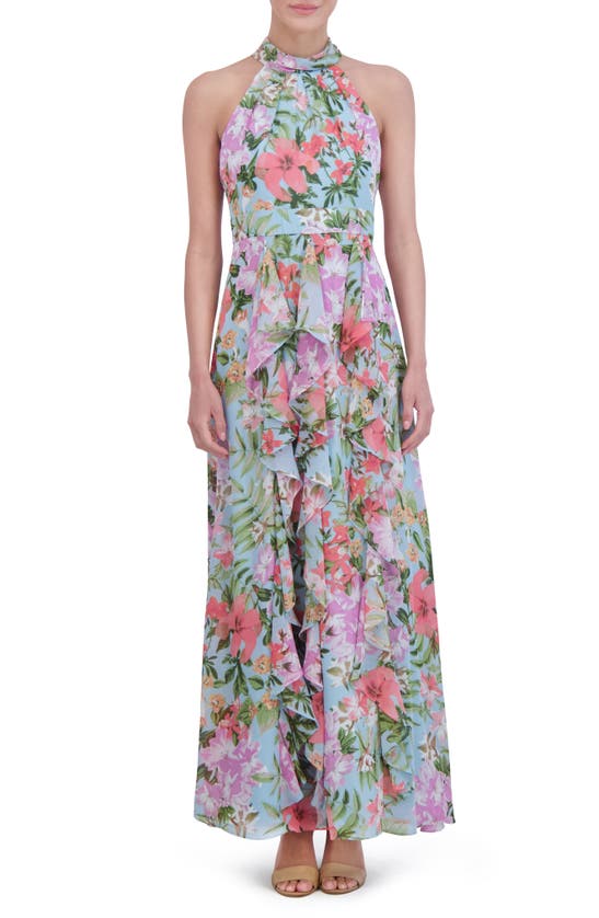 Shop Eliza J Floral Ruffle Detail Maxi Dress In Light Blue