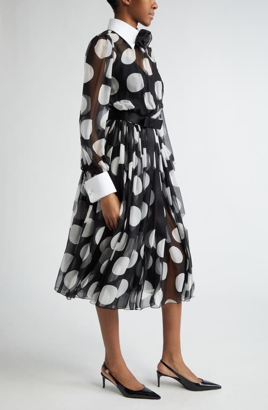 Shop Dolce & Gabbana Polka Dot Long Sleeve Belted Chiffon Midi Dress In Bianco Dot Nero
