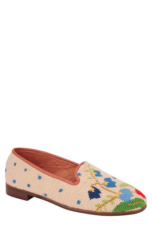 BY PAIGE Needlepoint Bluebell Bouquet Flat in Sand/Blue
