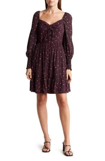 Lovestitch Ditsy Long Sleeve Dress In Black/red