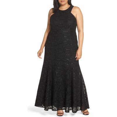 Plus Size Morgan & Co. Strappy Back Sequin Lace Gown, Black