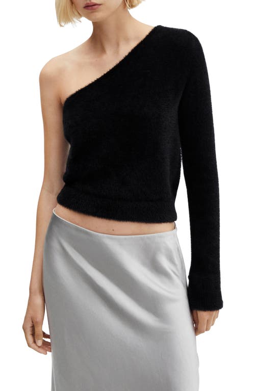 MANGO Faux Fur One-Shoulder Sweater Black at Nordstrom,