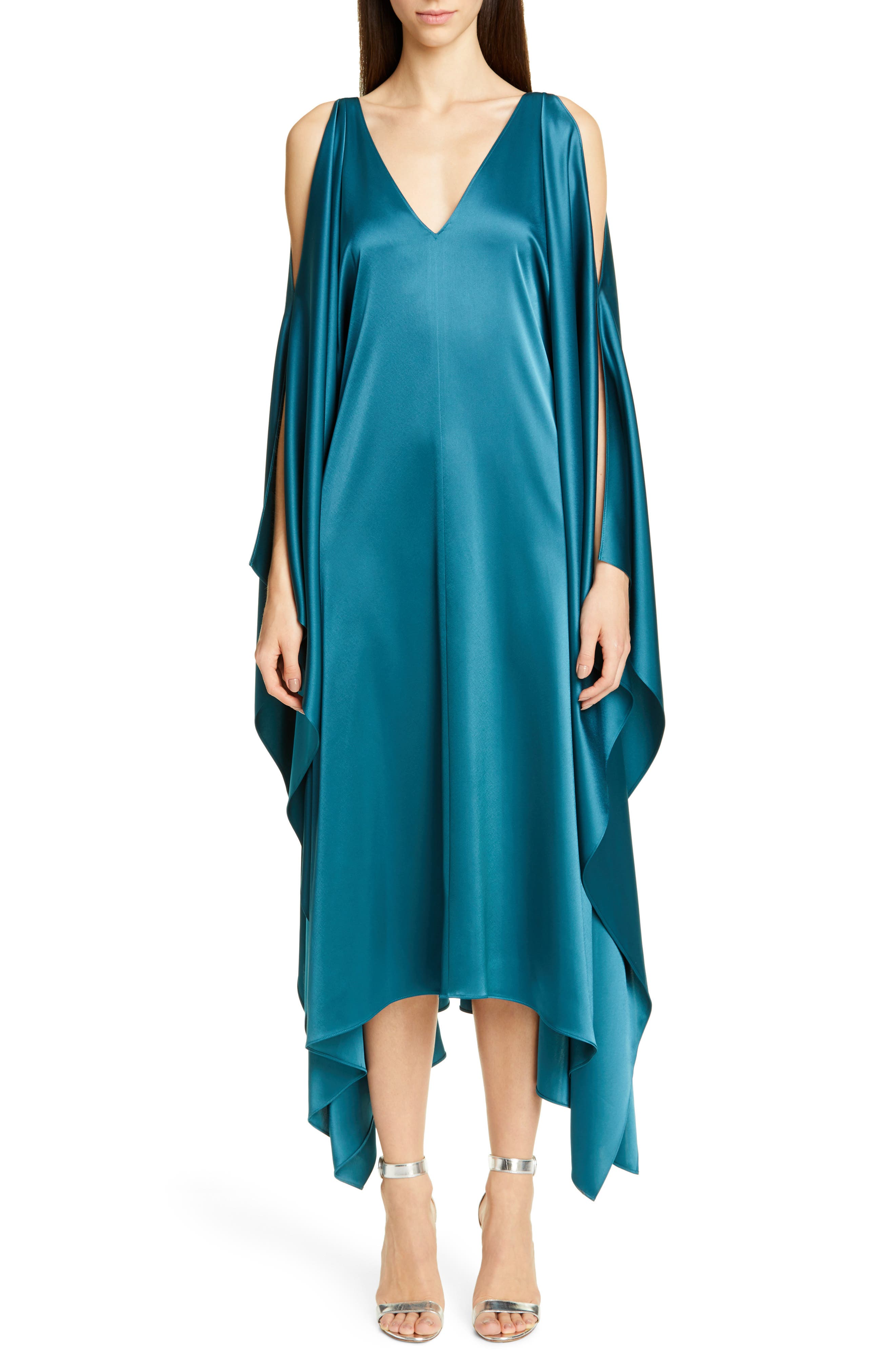 St. John Collection Lightweight Liquid Satin Cold Shoulder Midi Dress, Blue