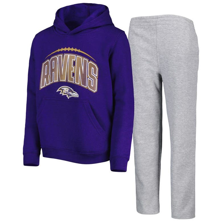 Outerstuff Kids' Youth Purple/heather Gray Baltimore Ravens Double Up Pullover Hoodie & Pants Set