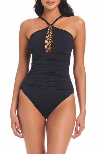Becca Modern Edge Ribbed Lace-Up Plunge One-Piece Swimsuit