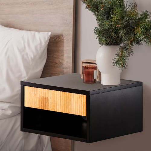 Jonathan Y Elise Classic Contemporary Floating Wall Mounted Nightstand With Soft-close Tambour Drawe In Black/light Oak