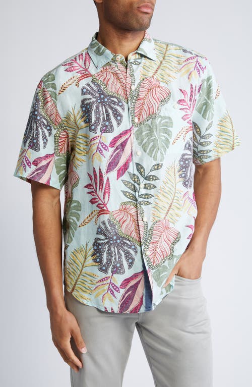 Tommy Bahama Tropical Leaf Print Short Sleeve Linen & Lyocell Button-up Shirt In Aqua Aloha