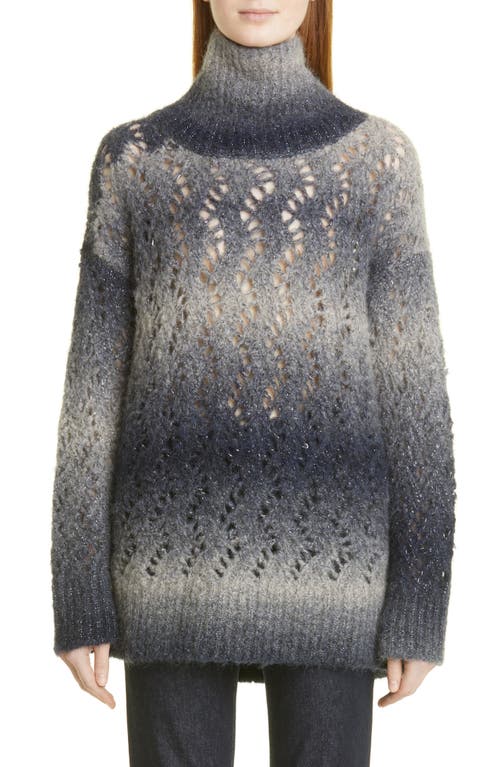 Fabiana Filippi Crochet & Knit Metallic Alpaca Blend Oversize Turtleneck Sweater in Blue