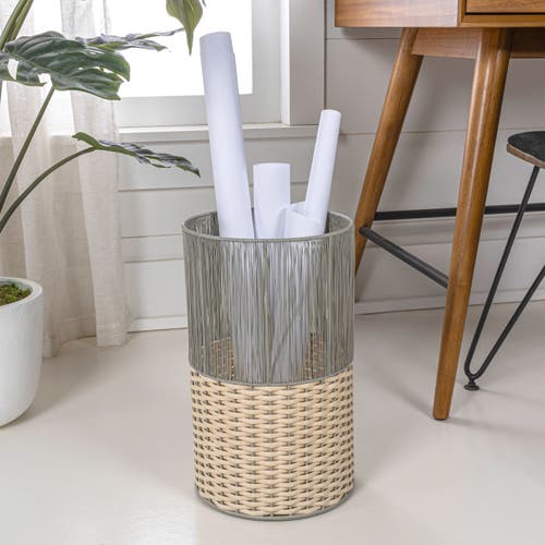 Happimess Harper Modern 2-tone Faux Wicker Cylinder Waste Basket In Gray/cream