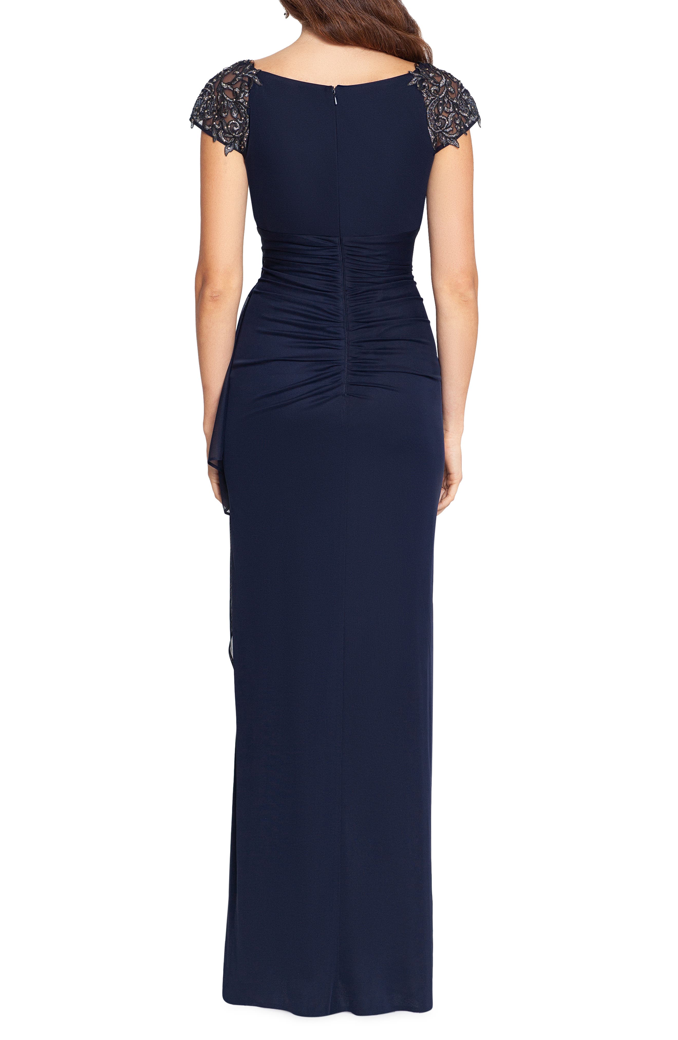 xscape cap sleeve beaded ruched gown