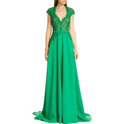 Pamella Roland Sequin & Flower Embellished Stretch Crepe Gown, Green