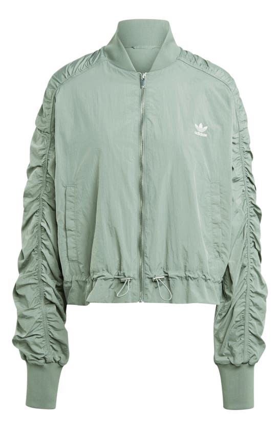 Shop Adidas Originals Oversize Ruched Sleeve Bomber Jacket In Trace Green
