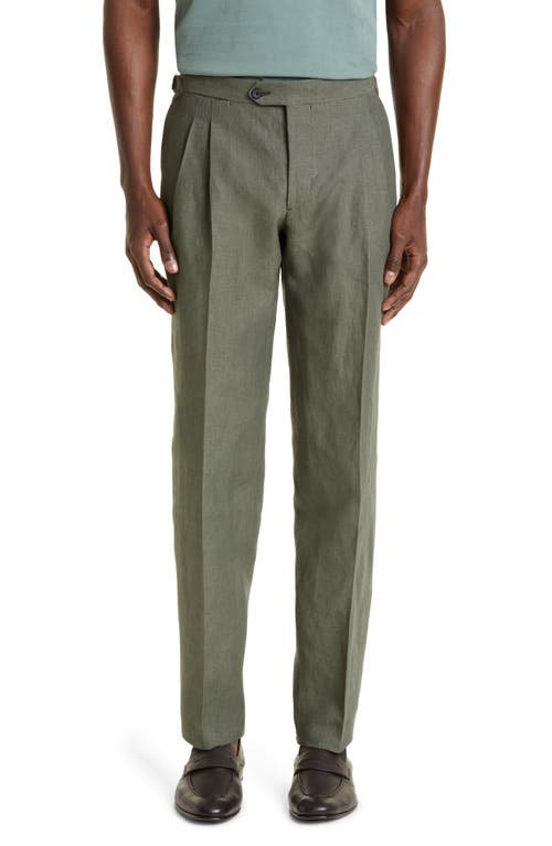Tailored Fit Double Pleat Linen Pants in Military Green