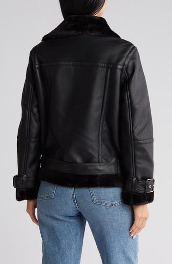 Topshop Curve faux leather shearling aviator moto jacket in black