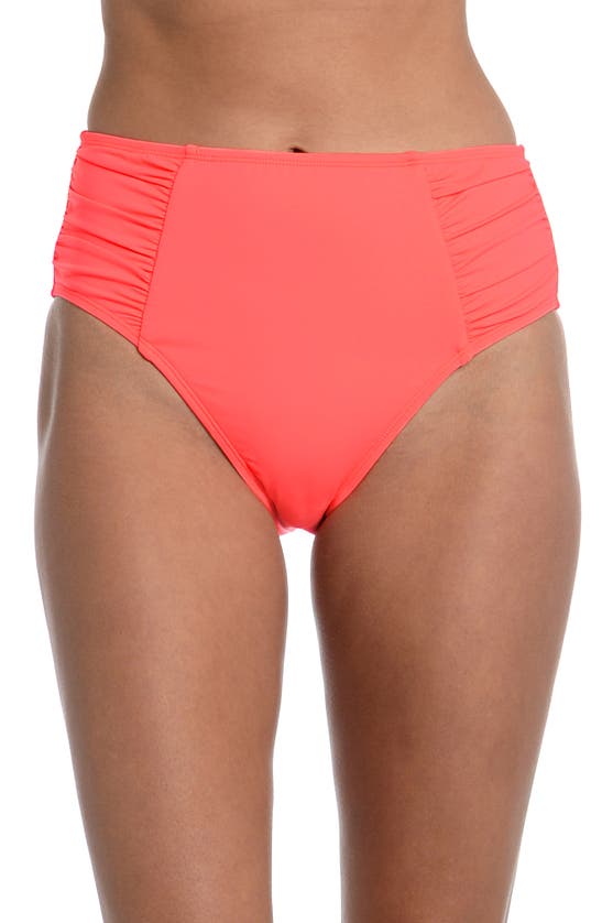 La Blanca Island Goddess Side Shirred High Waist Bikini Bottoms In Hot Coral