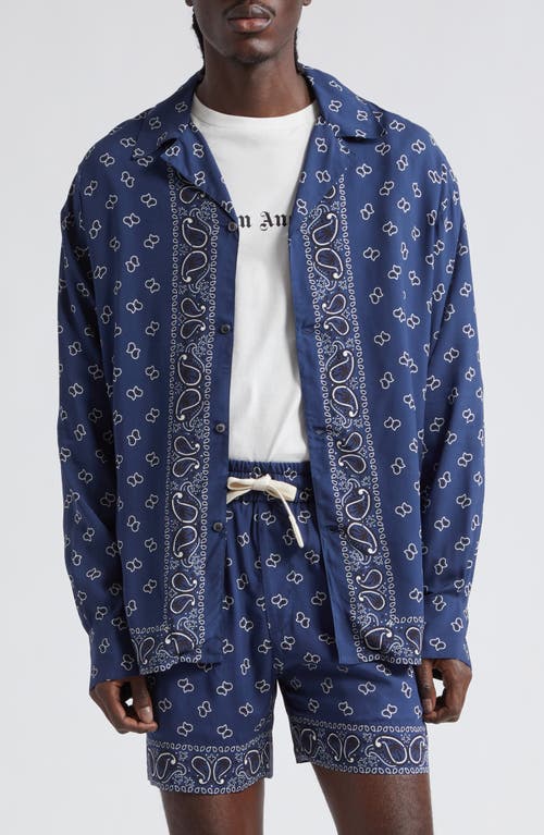 Palm Angels Paisley Long Sleeve Button-Up Bowling Shirt Navy Blue at Nordstrom, Us