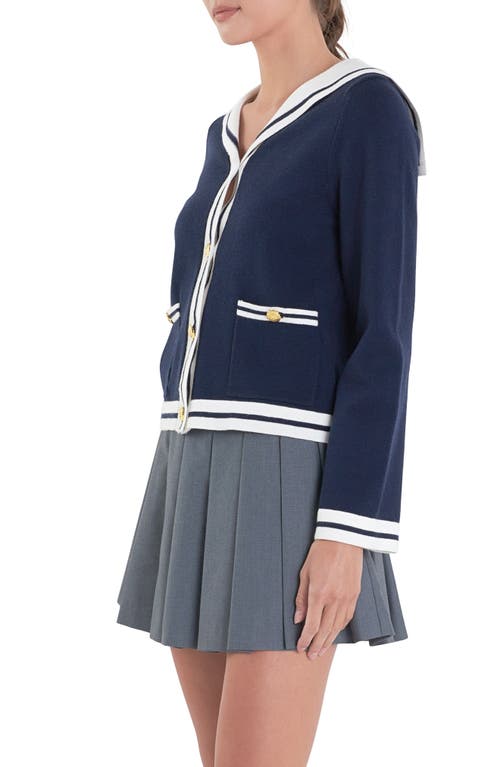 Shop English Factory Contrast Collar Sailor Cardigan In Navy/white