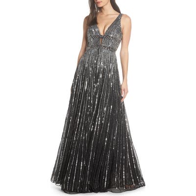 MAC Duggal Deep V-Neck Sequin Stripe Gown, Black