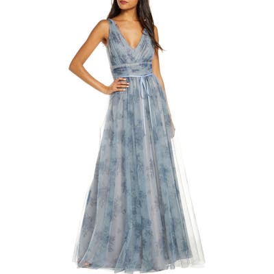 Marchesa Notte V-Neck Floral Tulle Bridesmaid Gown, Blue