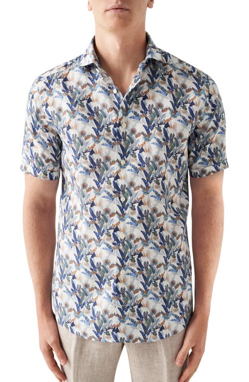Eton Palm Leaf Print Short Sleeve Linen Button-Up Shirt Medium Blue at Nordstrom, - R