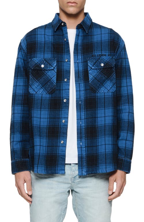 PURPLE BRAND Oversize Plaid Flannel Button-Up Shirt in Blue