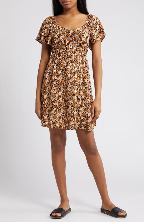 Sea of Dreams Floral Flutter Sleeve Minidress in Brown